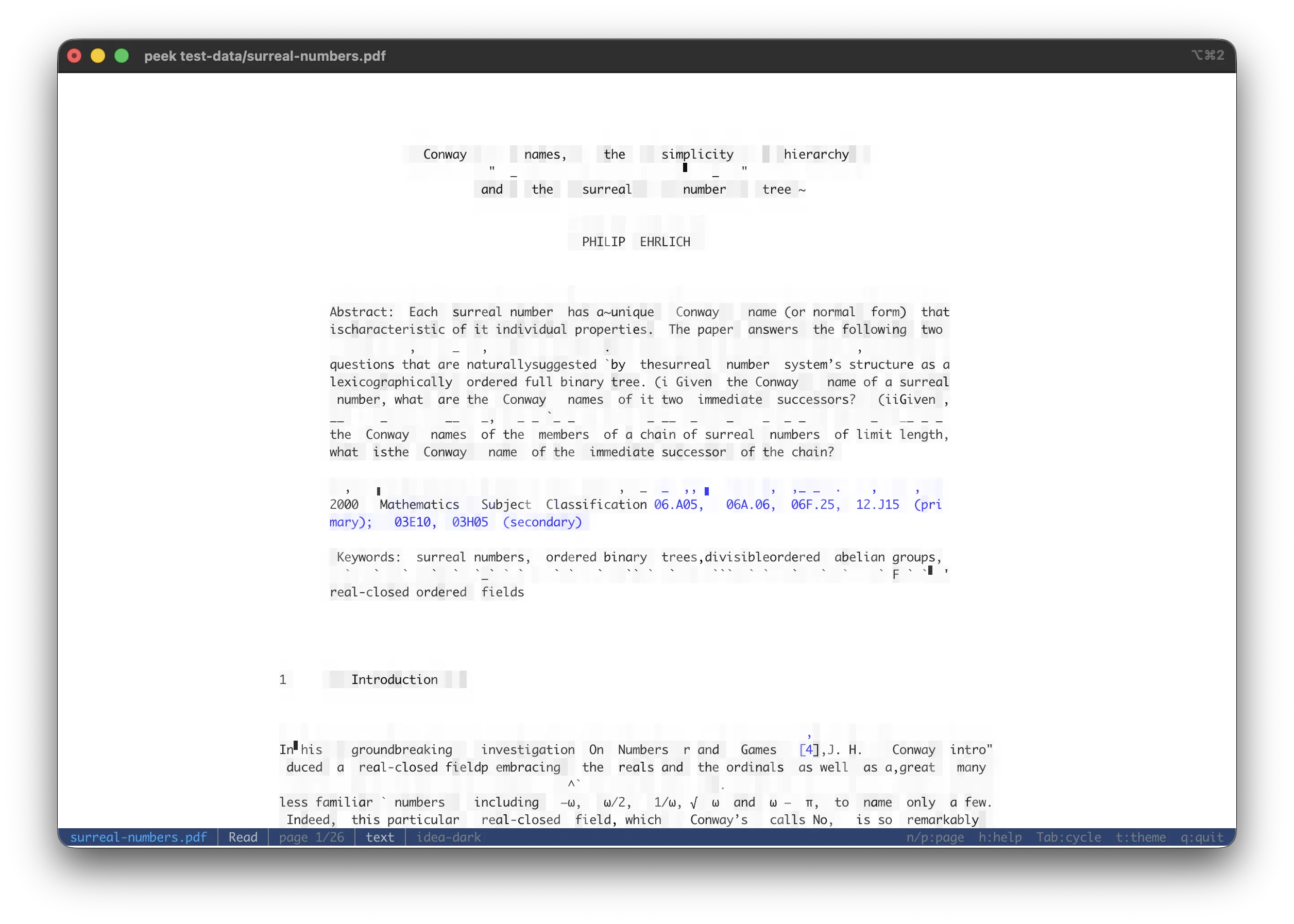 A PDF page rendered as ASCII glyph cells with real words overlaid from the text layer