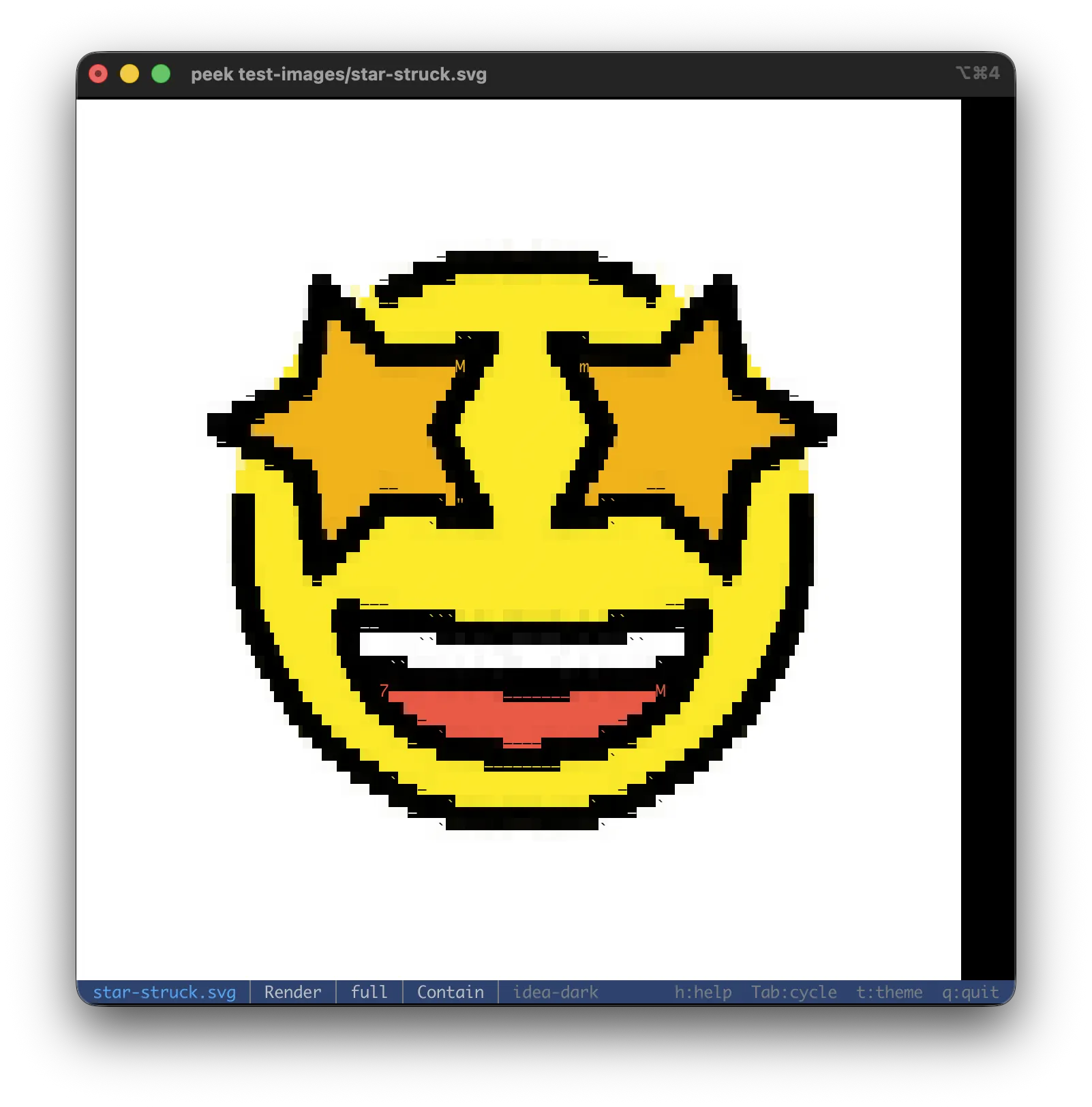 An SVG emoji rasterized and rendered as glyph-matched color art in the terminal